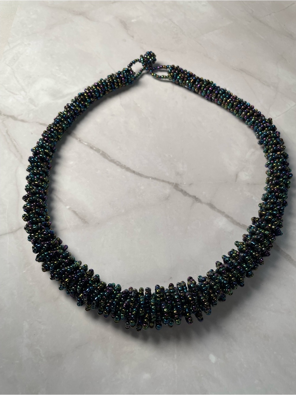 Iridescent Peacock Seed Bead Chunky Statement Loop Collar Necklace 24”